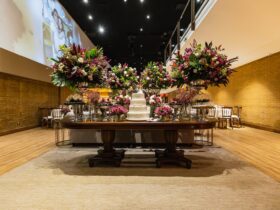 flowers and cake on table