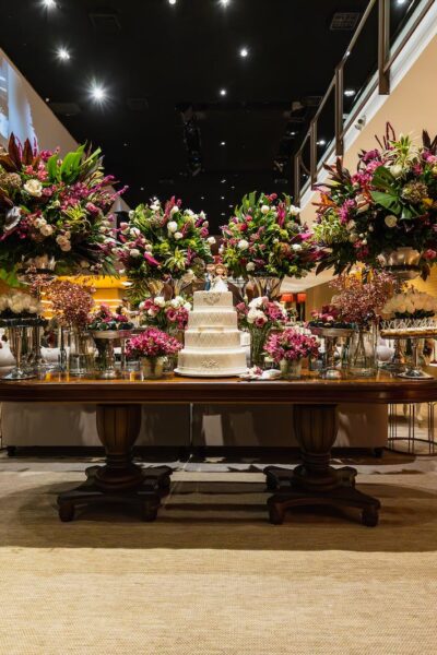 flowers and cake on table