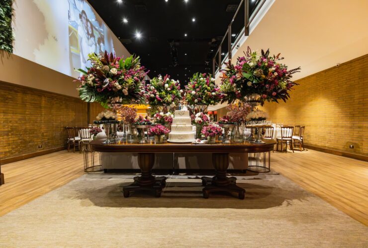 flowers and cake on table